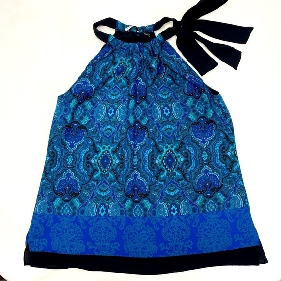 Tahari Turquoise and Black Halter Top Women’s Size XS Two-Tiered Ties at Neck - Picture 1 of 15